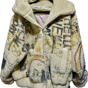 Adika Cream Sherpa Zip-Up Jacket with Multicolor Graffiti Print